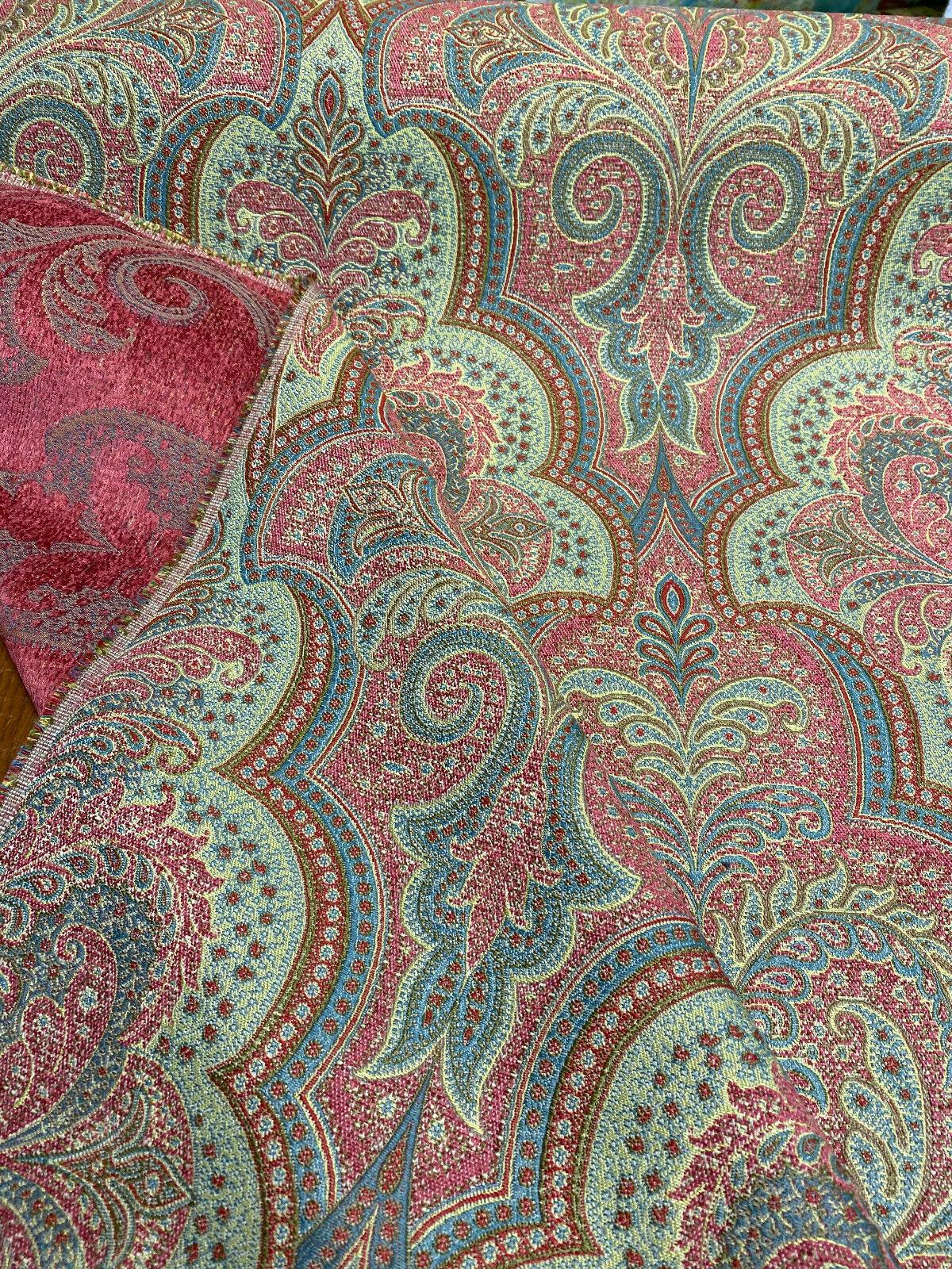 Robert Allen Shahmin Cassis Chenille Upholstery Fabric - Pink, Green Damask, 57" Width (1 Yard)