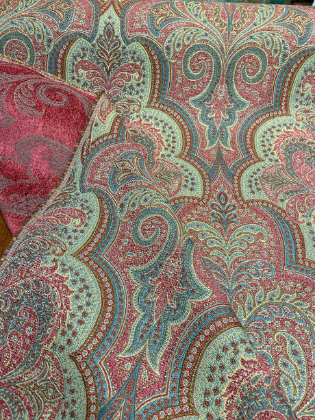 Robert Allen Shahmin Cassis Chenille Upholstery Fabric - Pink, Green Damask, 57" Width (1 Yard)