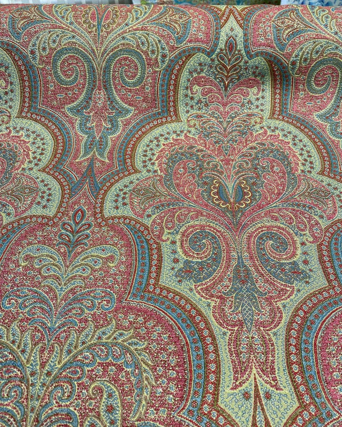 Robert Allen Shahmin Cassis Chenille Upholstery Fabric - Pink, Green Damask, 57" Width (1 Yard)