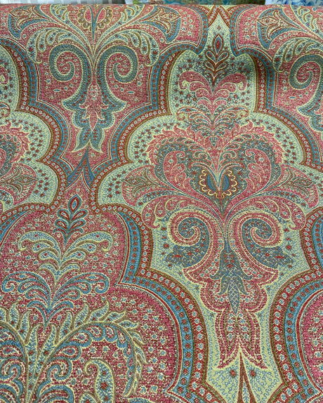 Robert Allen Shahmin Cassis Chenille Upholstery Fabric - Pink, Green Damask, 57" Width (1 Yard)