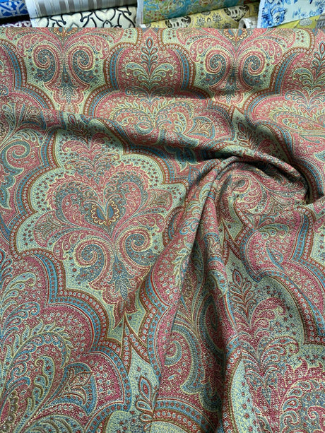 Robert Allen Shahmin Cassis Chenille Upholstery Fabric - Pink, Green Damask, 57" Width (1 Yard)