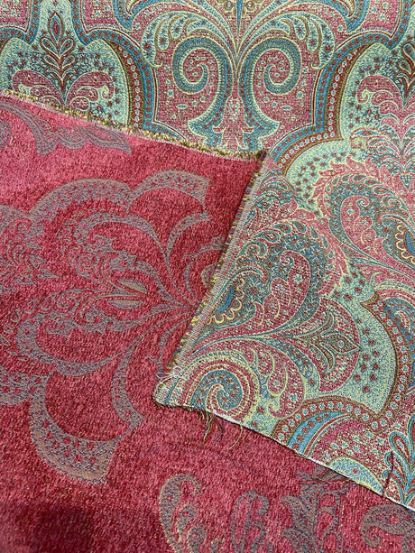 Robert Allen Shahmin Cassis Chenille Upholstery Fabric - Pink, Green Damask, 57" Width (1 Yard)