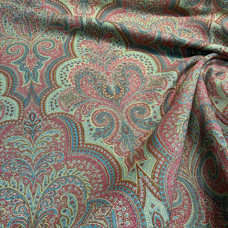 Robert Allen Shahmin Cassis Chenille Upholstery Fabric - Pink, Green Damask, 57" Width (1 Yard)