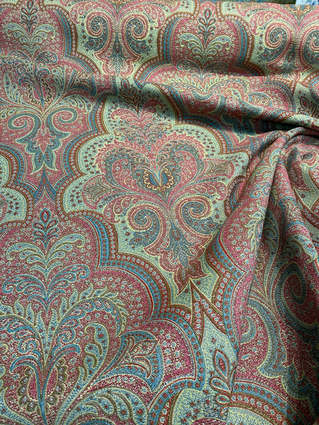 Robert Allen Shahmin Cassis Chenille Upholstery Fabric - Pink, Green Damask, 57" Width (1 Yard)