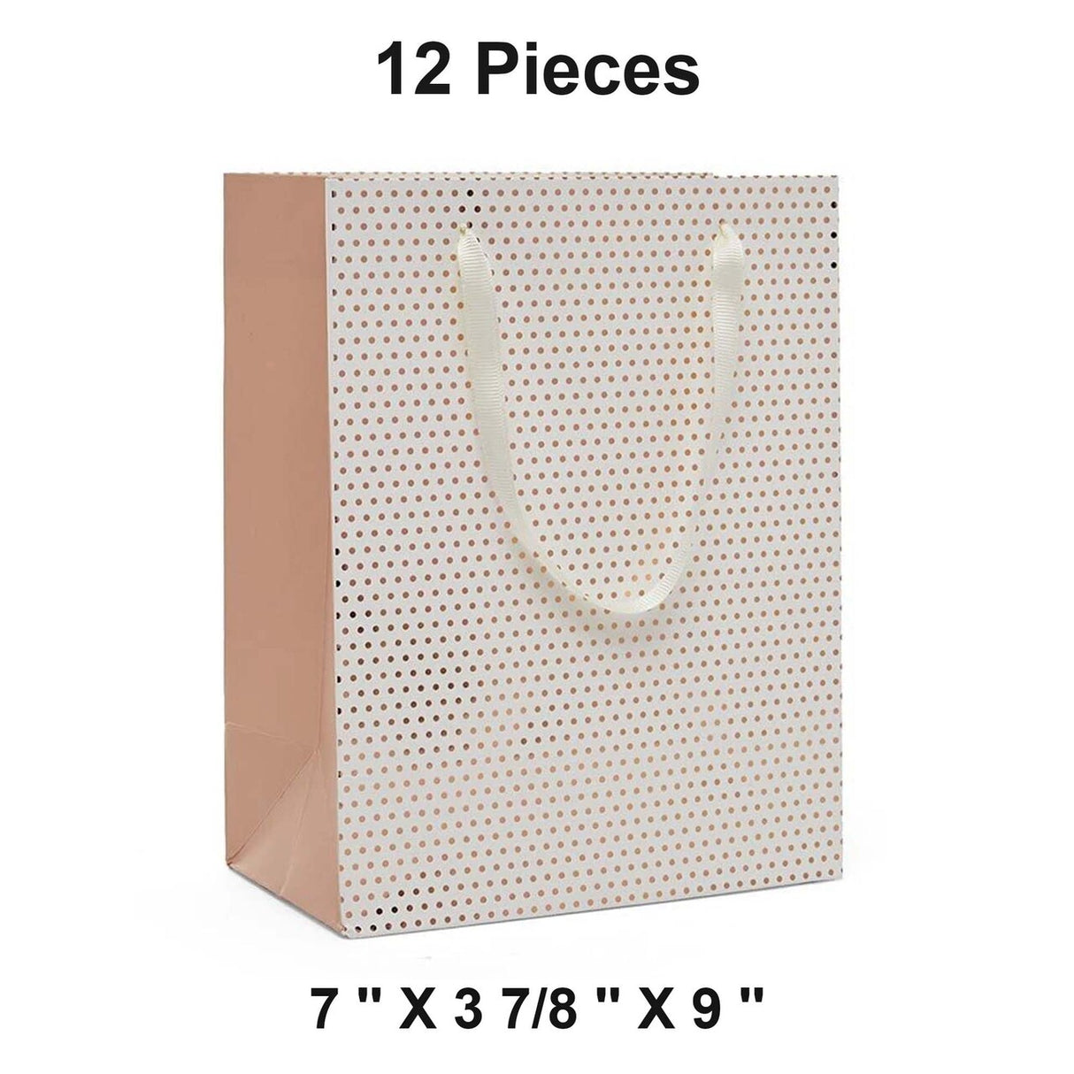 Metallic Dots Euro Totes with Ribbon Handles 7''x 3 7/8 ''x 9''  White / Rose Gold - 12 each / package