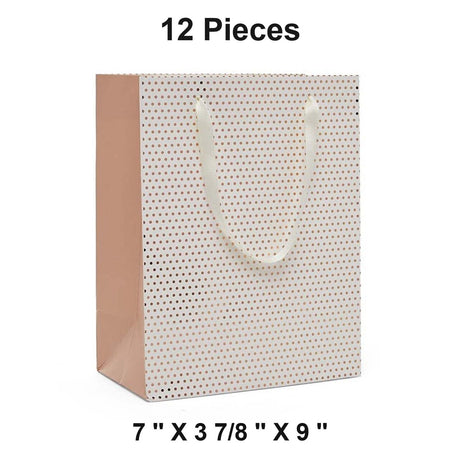 Metallic Dots Euro Totes with Ribbon Handles 7''x 3 7/8 ''x 9''  White / Rose Gold - 12 each / package