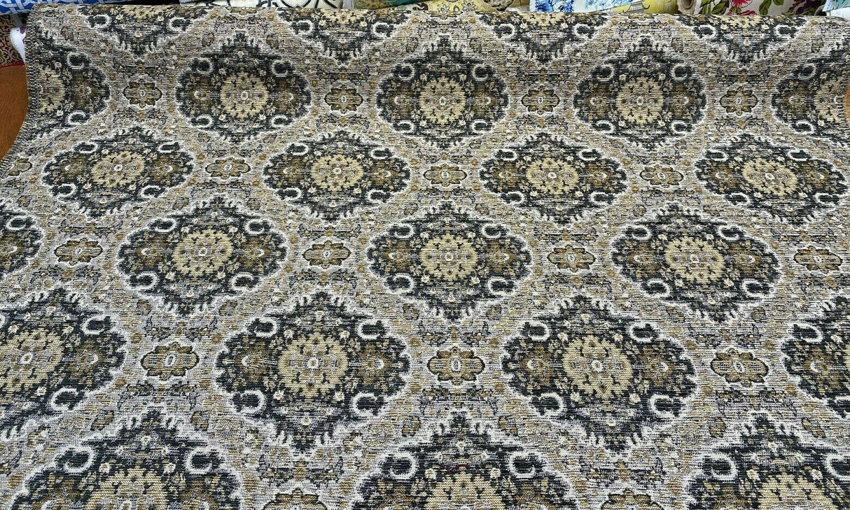 Swavelle Munsee Royal Onyx Damask Chenille Fabric - Antique Gold, Charcoal Black, Taupe Medallion Pattern, 54" Width (1 Yard)