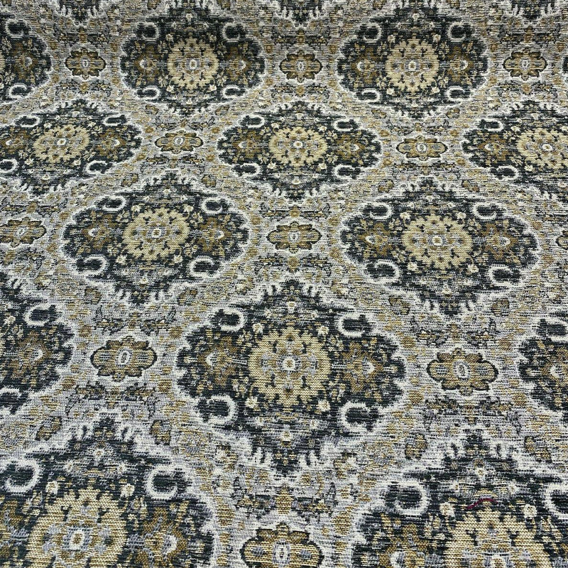 Swavelle Munsee Royal Onyx Damask Chenille Fabric - Antique Gold, Charcoal Black, Taupe Medallion Pattern, 54" Width (1 Yard)