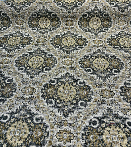Swavelle Munsee Royal Onyx Damask Chenille Fabric - Antique Gold, Charcoal Black, Taupe Medallion Pattern, 54" Width (1 Yard)