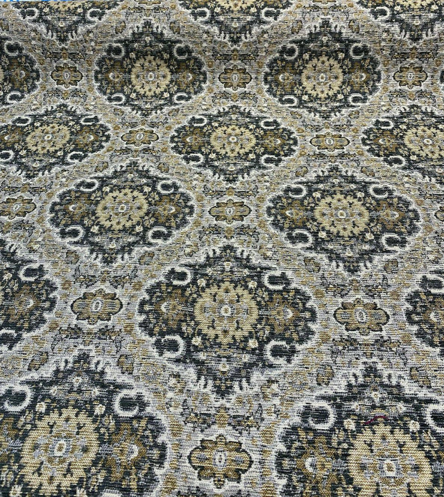 Swavelle Munsee Royal Onyx Damask Chenille Fabric - Antique Gold, Charcoal Black, Taupe Medallion Pattern, 54" Width (1 Yard)