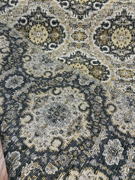 Swavelle Munsee Royal Onyx Damask Chenille Fabric - Antique Gold, Charcoal Black, Taupe Medallion Pattern, 54" Width (1 Yard)