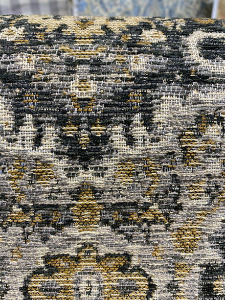 Swavelle Munsee Royal Onyx Damask Chenille Fabric - Antique Gold, Charcoal Black, Taupe Medallion Pattern, 54" Width (1 Yard)