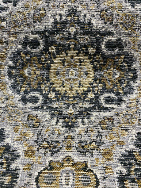 Swavelle Munsee Royal Onyx Damask Chenille Fabric - Antique Gold, Charcoal Black, Taupe Medallion Pattern, 54" Width (1 Yard)