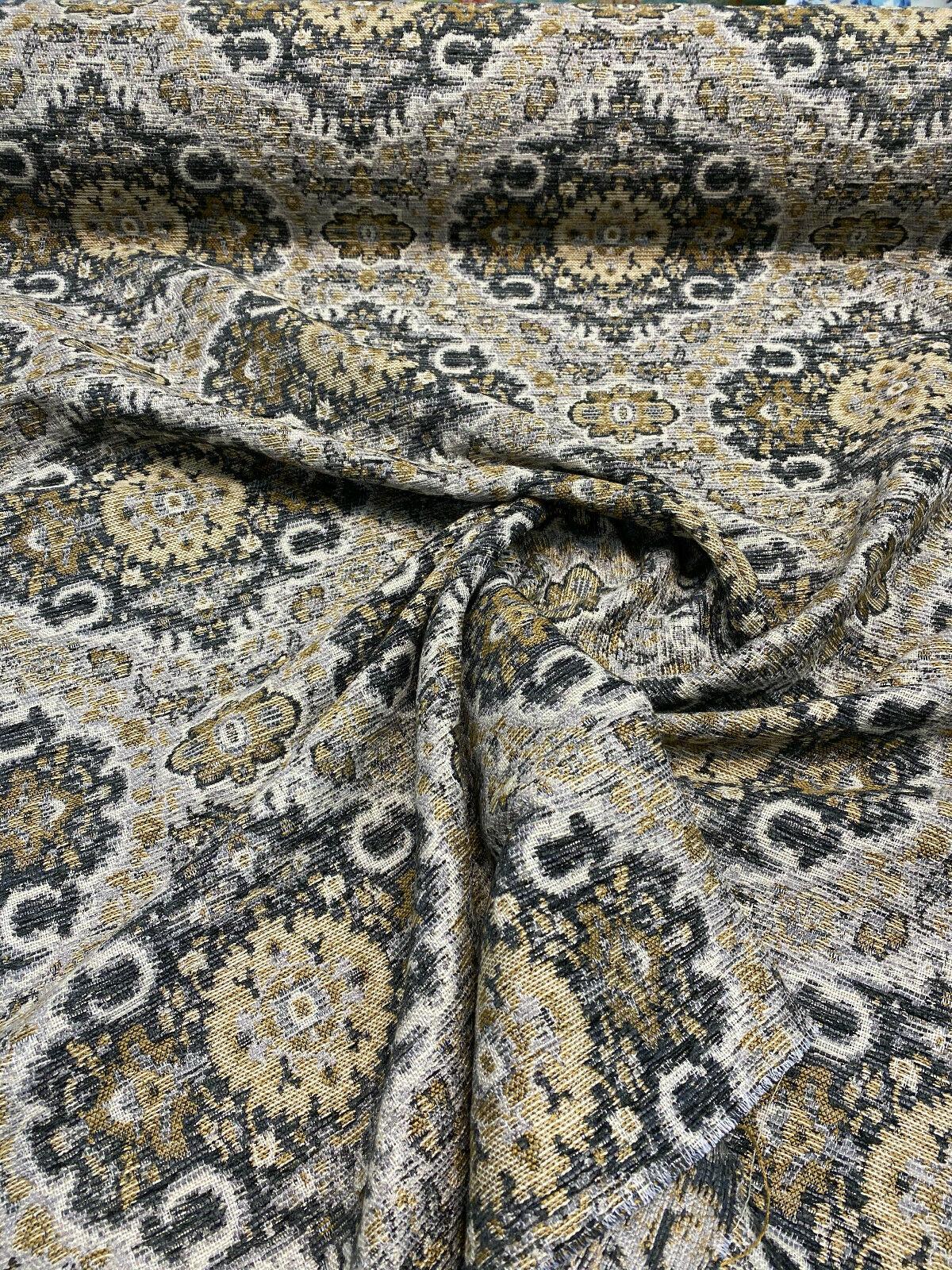 Swavelle Munsee Royal Onyx Damask Chenille Fabric - Antique Gold, Charcoal Black, Taupe Medallion Pattern, 54" Width (1 Yard)