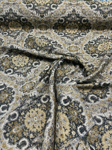 Swavelle Munsee Royal Onyx Damask Chenille Fabric - Antique Gold, Charcoal Black, Taupe Medallion Pattern, 54" Width (1 Yard)