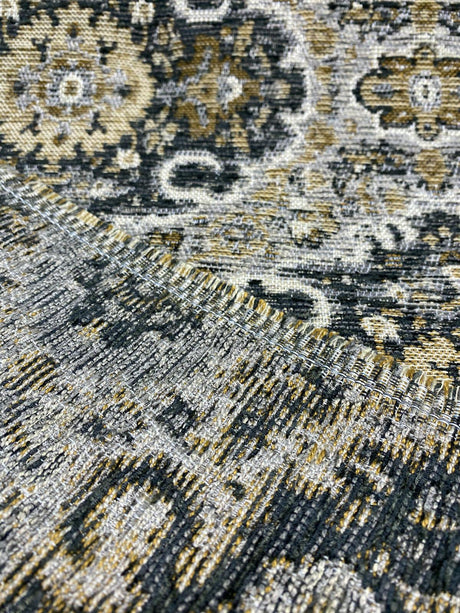 Swavelle Munsee Royal Onyx Damask Chenille Fabric - Antique Gold, Charcoal Black, Taupe Medallion Pattern, 54" Width (1 Yard)
