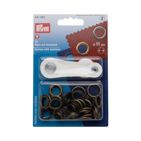 Prym Eyelets with Washers with Tools - Antique Brass 11mm - 15pc