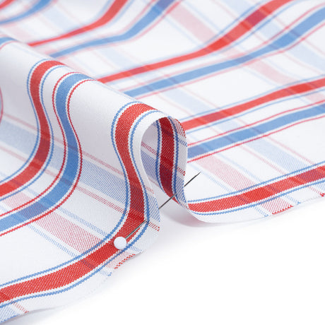 Cotton Oxford Shirting - Sky Blue, Tango Red and White Plaid - Deadstock