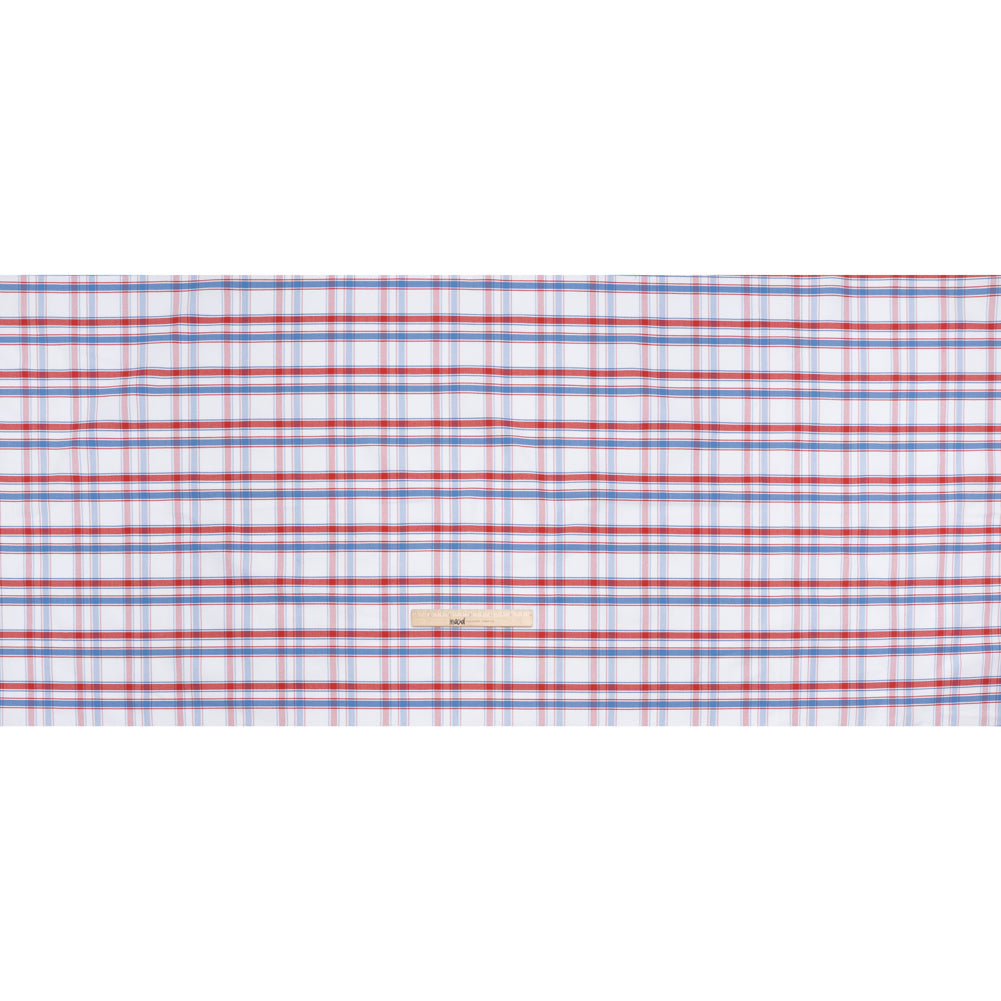 Cotton Oxford Shirting - Sky Blue, Tango Red and White Plaid - Deadstock