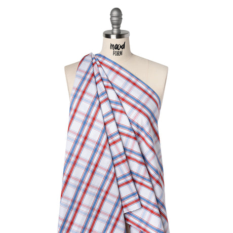 Cotton Oxford Shirting - Sky Blue, Tango Red and White Plaid - Deadstock