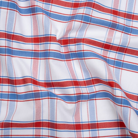 Cotton Oxford Shirting - Sky Blue, Tango Red and White Plaid - Deadstock