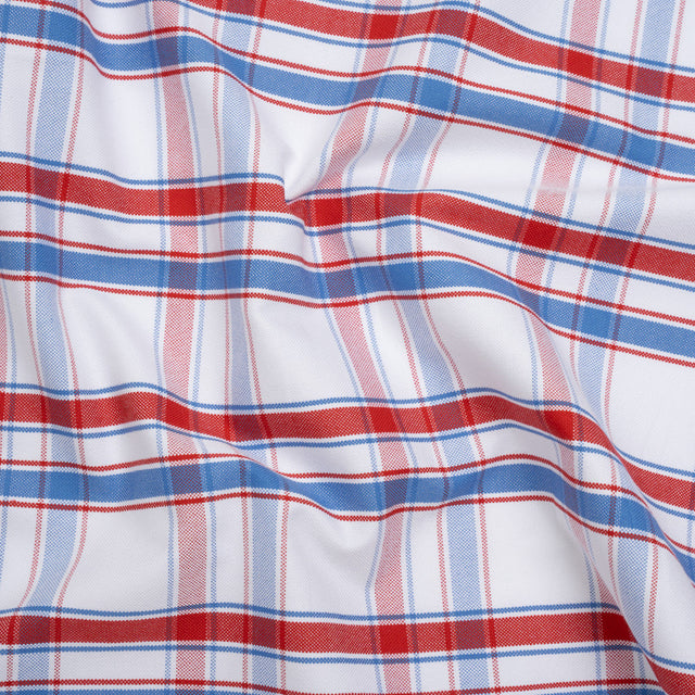 Cotton Oxford Shirting - Sky Blue, Tango Red and White Plaid - Deadstock