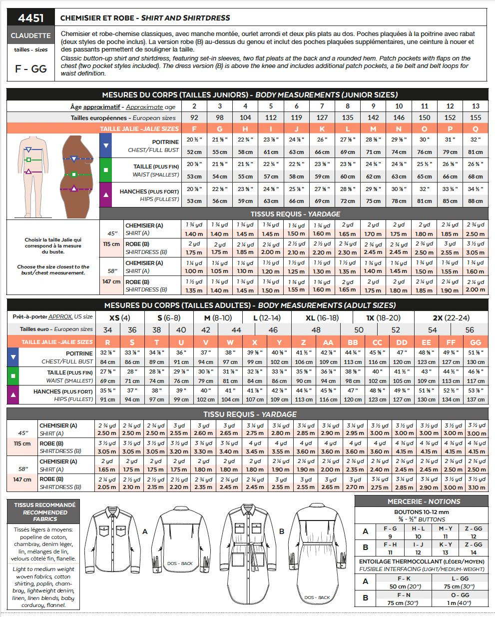 Sewing Pattern Claudette Shirt and Shirtdress by Jalie