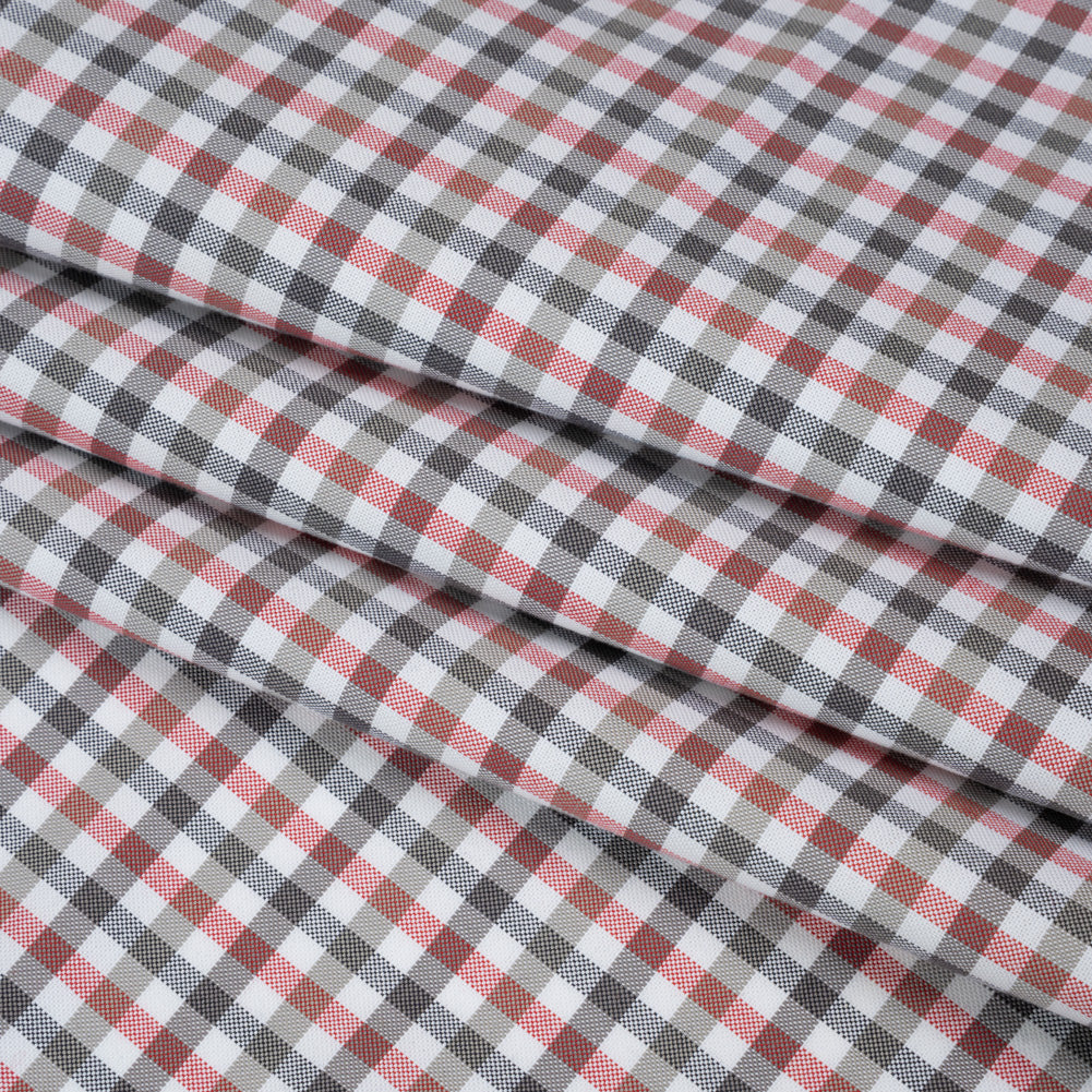 Cotton Oxford Shirting - Charcoal, Warm Gray and Red Checks - Deadstock