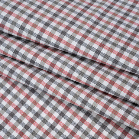 Cotton Oxford Shirting - Charcoal, Warm Gray and Red Checks - Deadstock