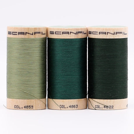 SCANFIL® 50wt Organic Pima Cotton Thread Trio Set - 3ct 500yd Spools - Foresty Greens