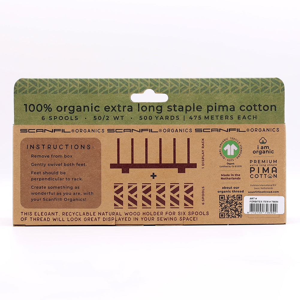 SCANFIL® 50wt Organic Pima Cotton Thread Set - 6ct 500yd Spools & Wood Rack - Neutrals