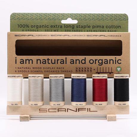 SCANFIL® 50wt Organic Pima Cotton Thread Set - 6ct 500yd Spools & Wood Rack - Neutrals