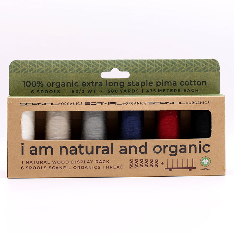 SCANFIL® 50wt Organic Pima Cotton Thread Set - 6ct 500yd Spools & Wood Rack - Neutrals