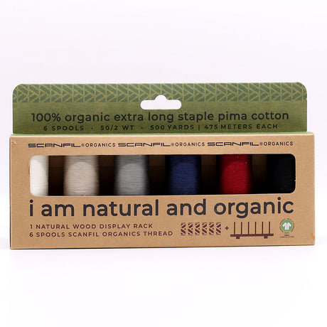 SCANFIL® 50wt Organic Pima Cotton Thread Set - 6ct 500yd Spools & Wood Rack - Neutrals