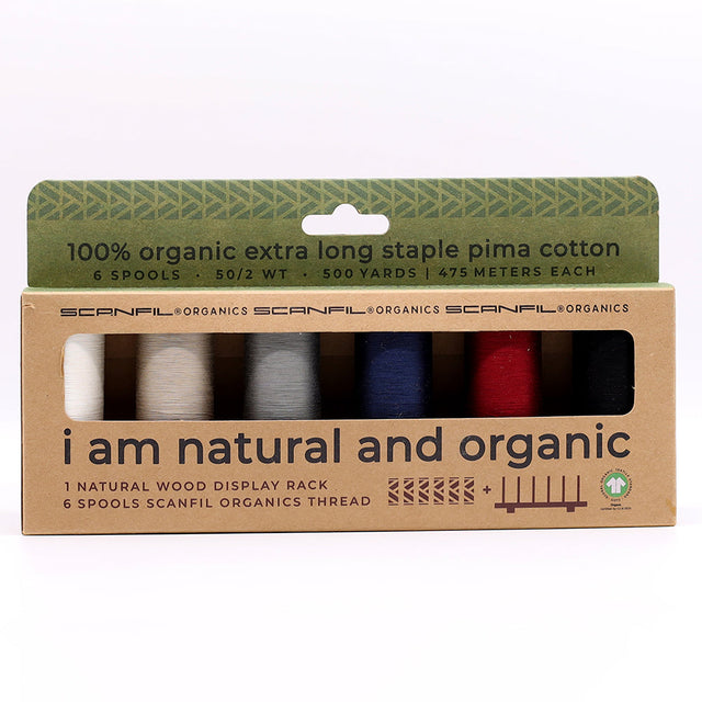 SCANFIL® 50wt Organic Pima Cotton Thread Set - 6ct 500yd Spools & Wood Rack - Neutrals