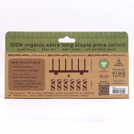 SCANFIL® 50wt Organic Pima Cotton Thread Set - 6ct 500yd Spools & Wood Rack - Pastels