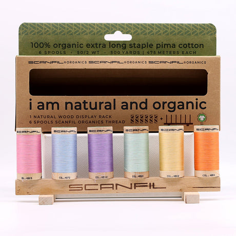SCANFIL® 50wt Organic Pima Cotton Thread Set - 6ct 500yd Spools & Wood Rack - Pastels