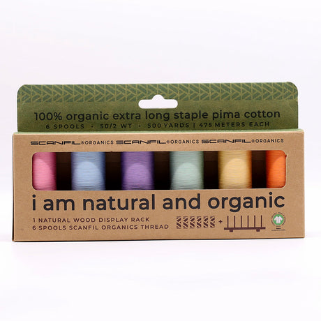 SCANFIL® 50wt Organic Pima Cotton Thread Set - 6ct 500yd Spools & Wood Rack - Pastels