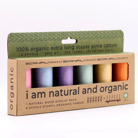 SCANFIL® 50wt Organic Pima Cotton Thread Set - 6ct 500yd Spools & Wood Rack - Pastels
