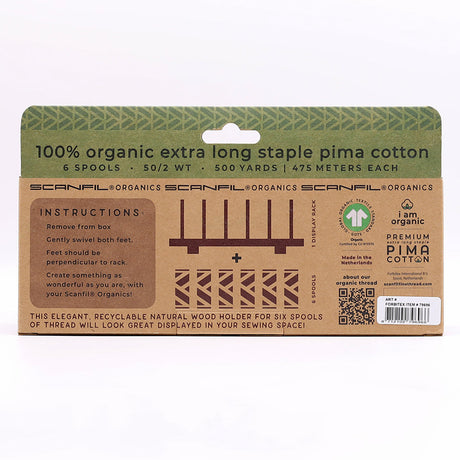 SCANFIL® 50wt Organic Pima Cotton Thread Set - 6ct 500yd Spools & Wood Rack - Jewel Tones