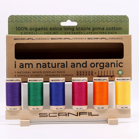 SCANFIL® 50wt Organic Pima Cotton Thread Set - 6ct 500yd Spools & Wood Rack - Jewel Tones