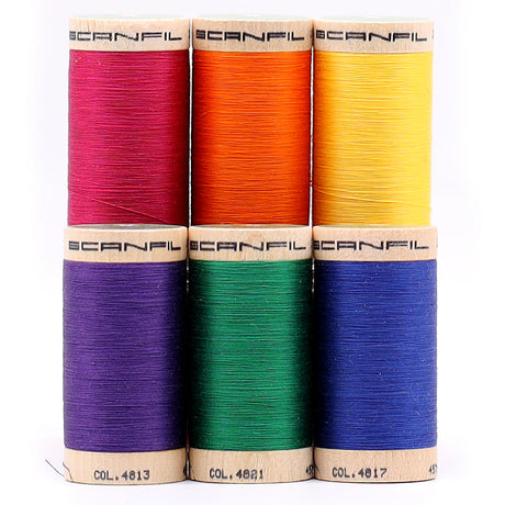 SCANFIL® 50wt Organic Pima Cotton Thread Set - 6ct 500yd Spools & Wood Rack - Jewel Tones