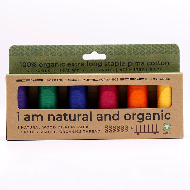 SCANFIL® 50wt Organic Pima Cotton Thread Set - 6ct 500yd Spools & Wood Rack - Jewel Tones