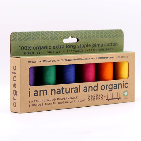 SCANFIL® 50wt Organic Pima Cotton Thread Set - 6ct 500yd Spools & Wood Rack - Jewel Tones