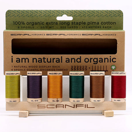 SCANFIL® 50wt Organic Pima Cotton Thread Set - 6ct 500yd Spools & Wood Rack - Harvest Time