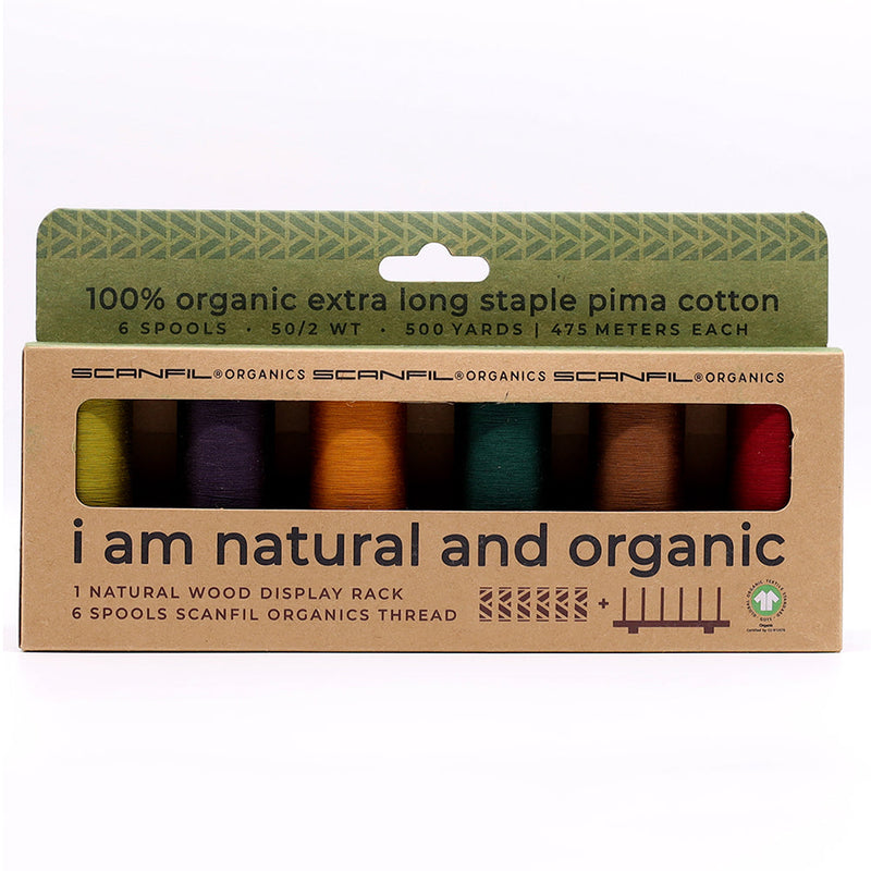SCANFIL® 50wt Organic Pima Cotton Thread Set - 6ct 500yd Spools & Wood Rack - Harvest Time
