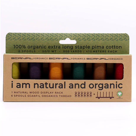 SCANFIL® 50wt Organic Pima Cotton Thread Set - 6ct 500yd Spools & Wood Rack - Harvest Time