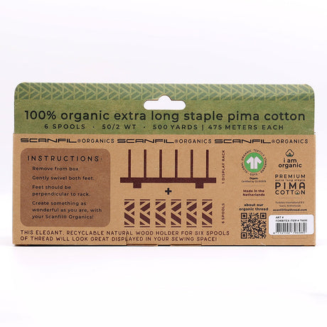 SCANFIL® 50wt Organic Pima Cotton Thread Set - 6ct 500yd Spools & Wood Rack - Fashion Mix