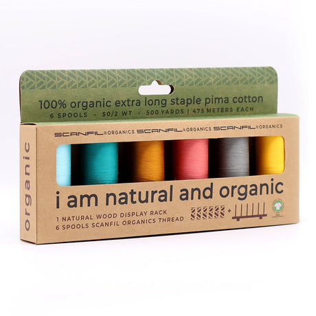 SCANFIL® 50wt Organic Pima Cotton Thread Set - 6ct 500yd Spools & Wood Rack - Fashion Mix