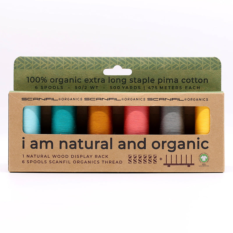 SCANFIL® 50wt Organic Pima Cotton Thread Set - 6ct 500yd Spools & Wood Rack - Fashion Mix